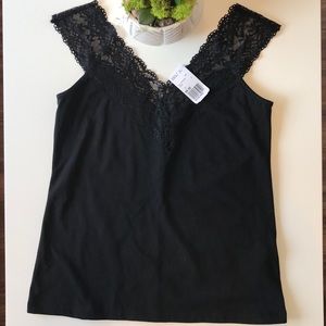 Black lace off the shoulder cotton stretch top NWT